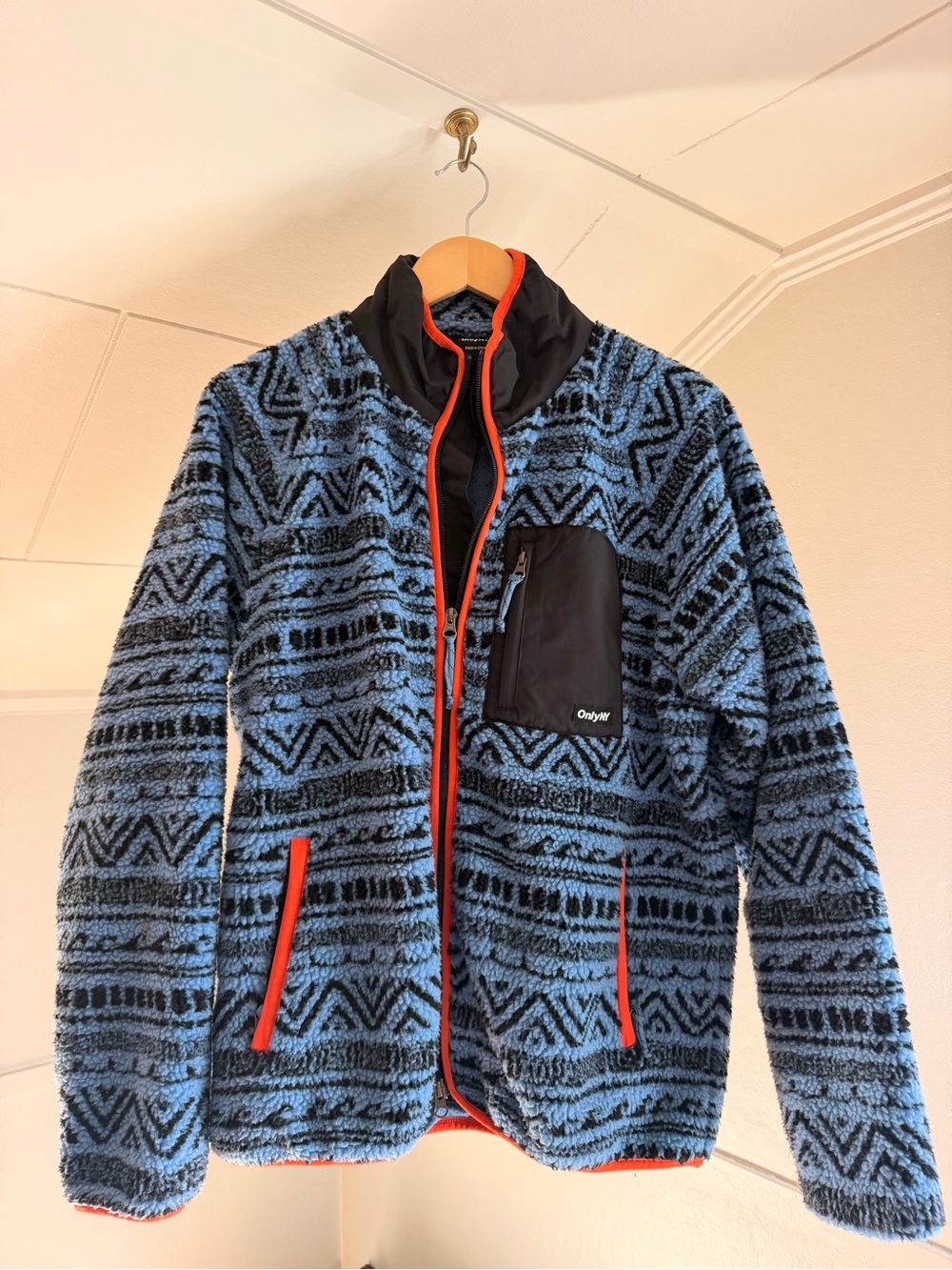 Only NY Blue Patterned Sherpa Jacket with Orange Trim
